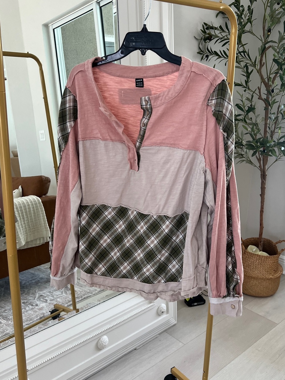 Patchwork Plaid Long Sleeve Top - Pink & Olive